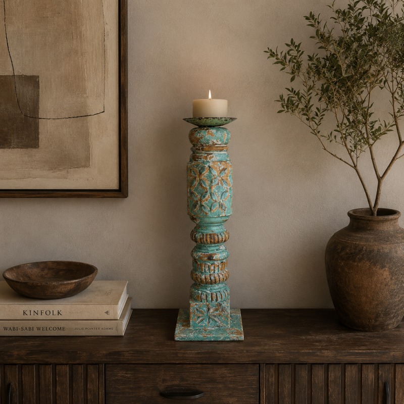  Distressed Carved Wooden Candle Stand