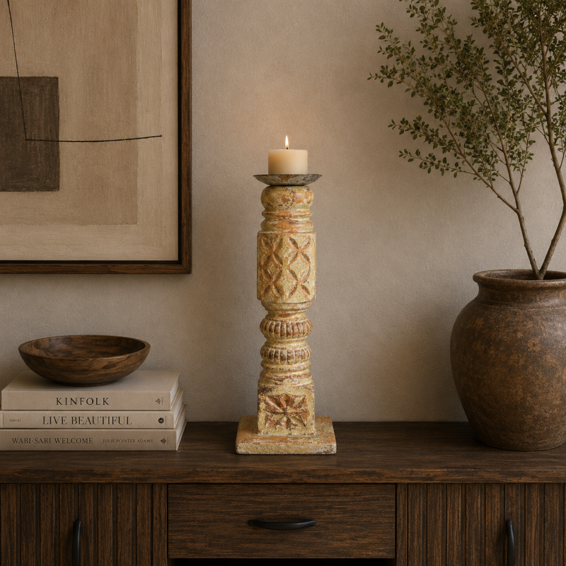 Distressed Carved Wooden Candle Stand