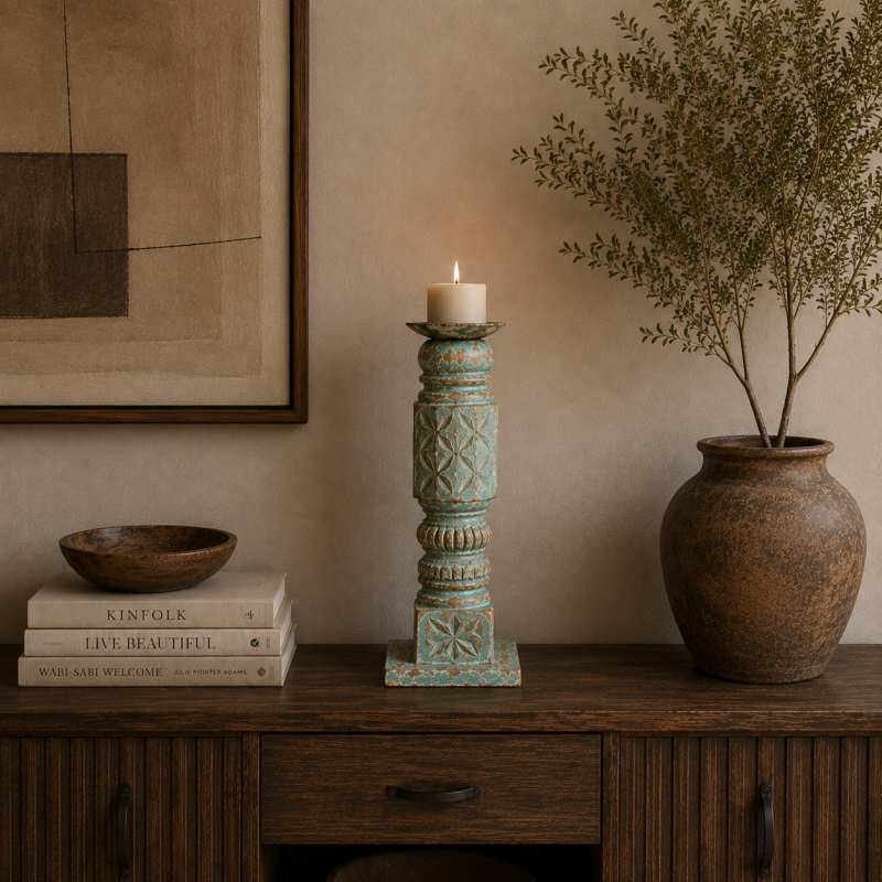  Distressed Carved Wooden Candle Stand