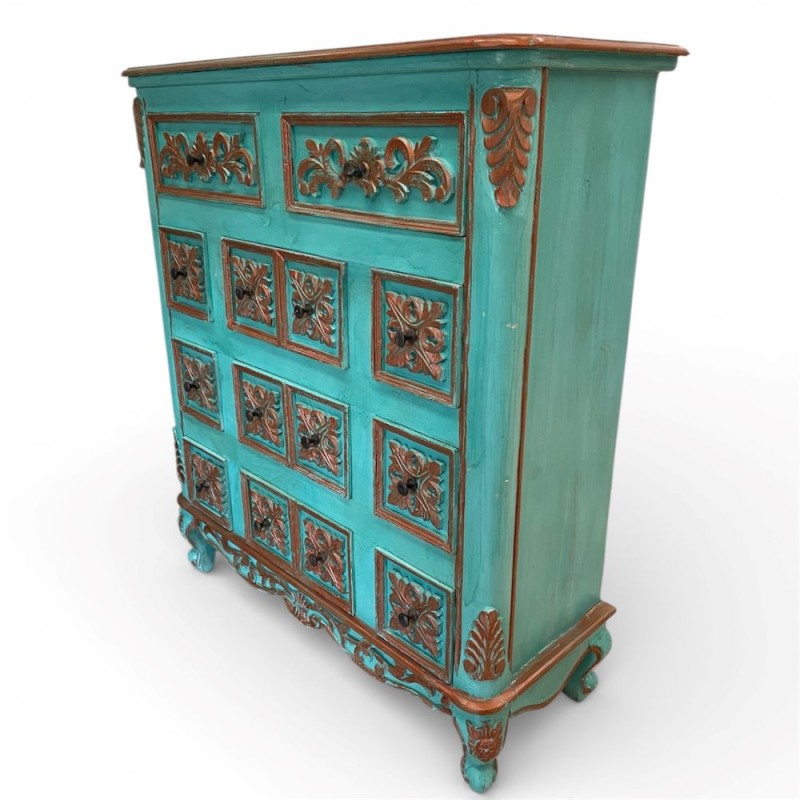 Hand-Carved Turquoise Indian Chest of Drawers