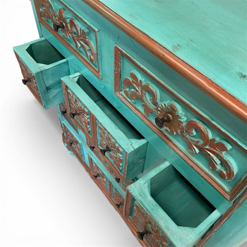 Hand-Carved Turquoise Indian Chest of Drawers