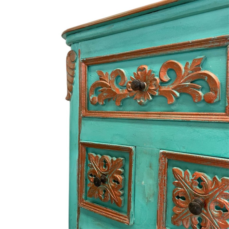 Hand-Carved Turquoise Indian Chest of Drawers