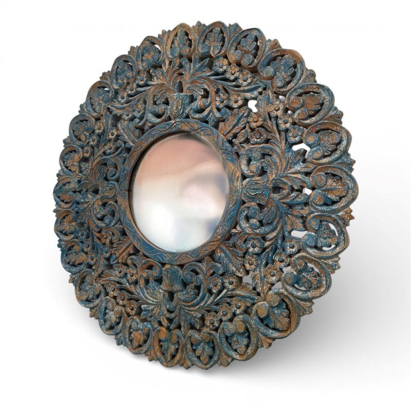 Carved Blue Patina Wooden Mirror