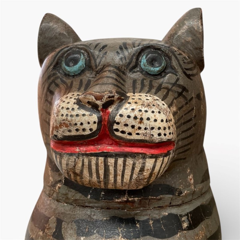 Antique Hand-Carved Wooden Cat Sculpture
