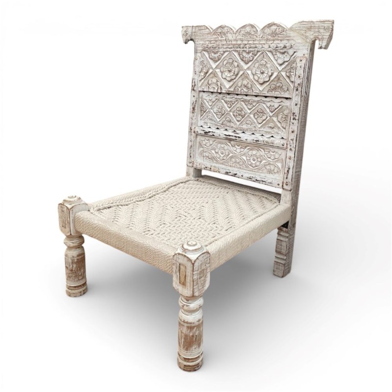 Indonesian Hand-Carved Whitewashed Chair