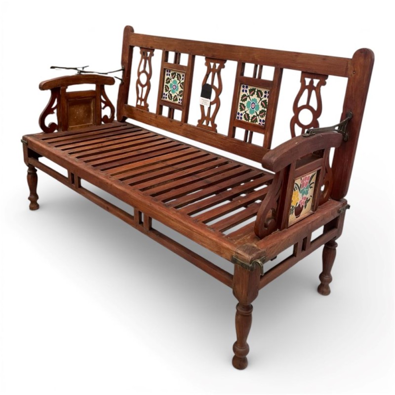 Indonesian Teak Bench with Decorative Tiles