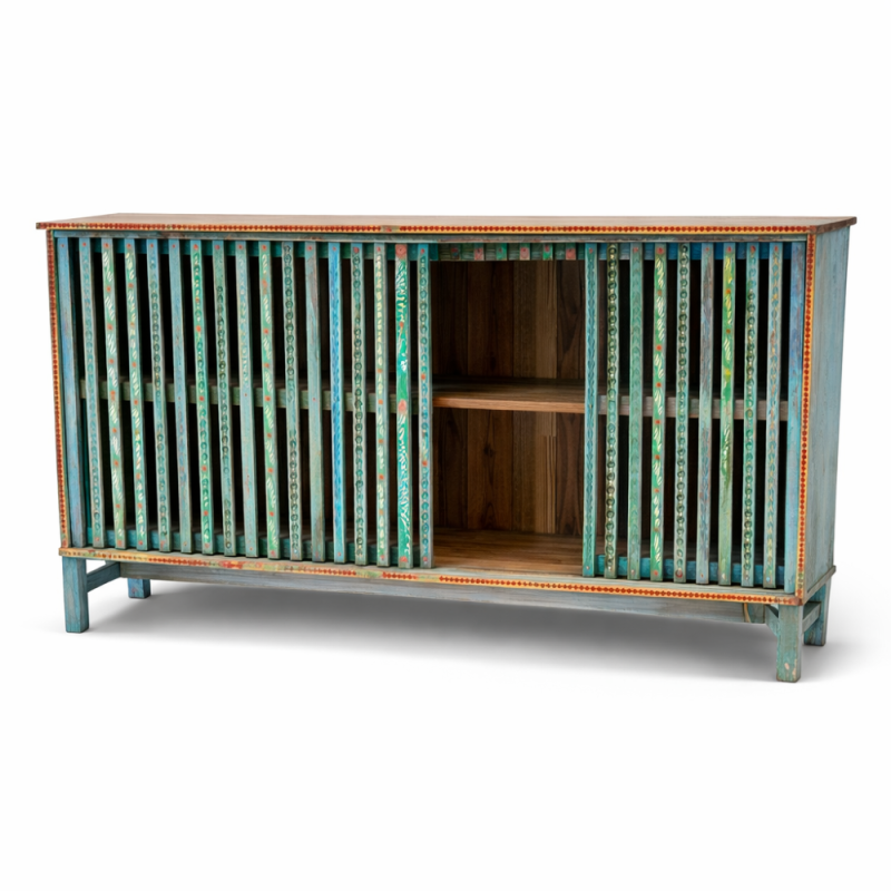 Turquoise Hand-Painted Slatted Sideboard