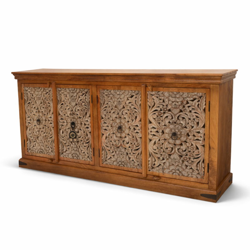 Carved Teak Floral Sideboard