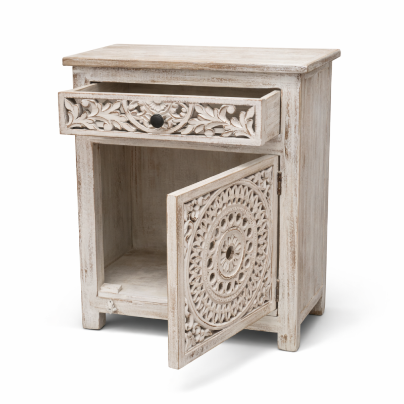 Whitewashed Carved Bedside Table