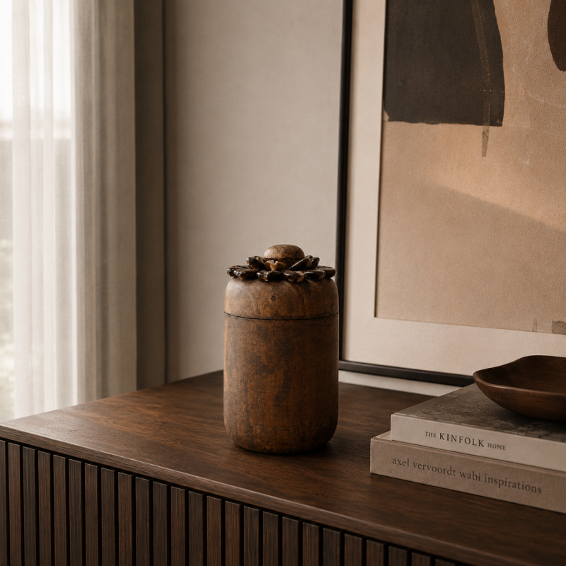 Hand-Carved Wooden Storage Jar 