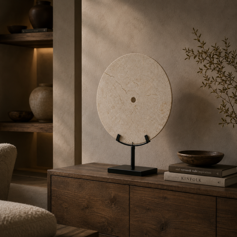 Antique Limestone Ritual Disc on Stand