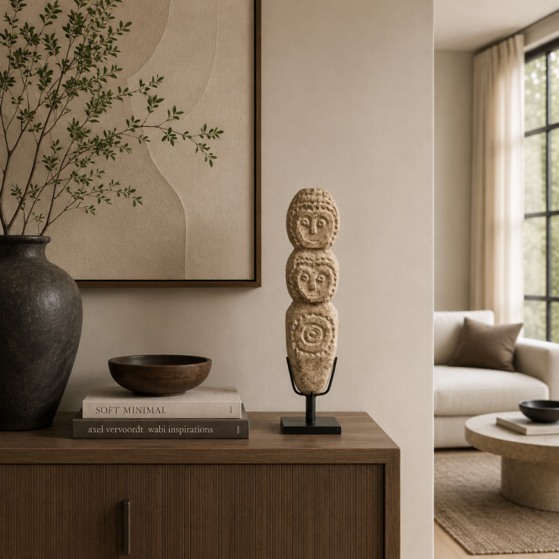 Primitive Stone Totem Sculpture on Stand