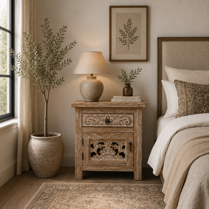 Carved Wooden Bedside Cabinet