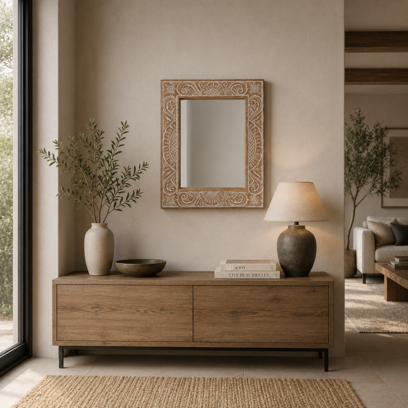 Whitewashed Floral Carved Mirror