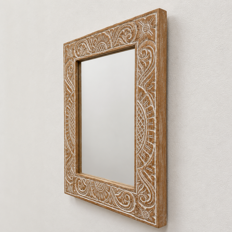 Whitewashed Floral Carved Mirror