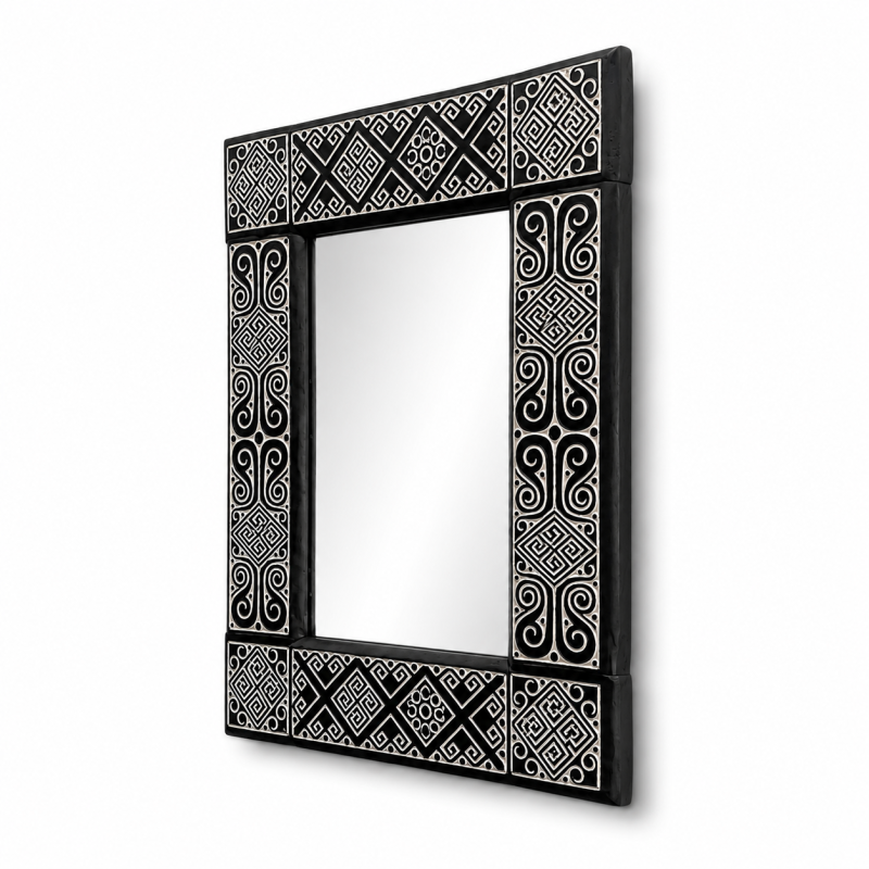 Black & White Tribal Carved Mirror
