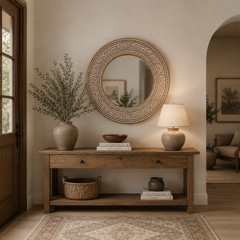 Round Carved Wooden Mirror