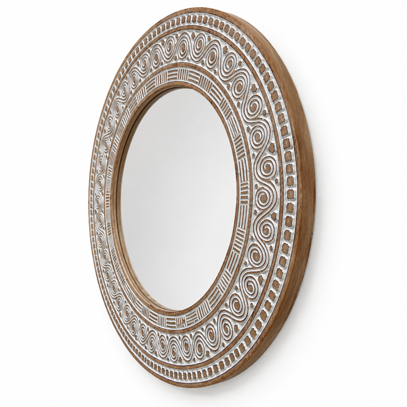 Round Carved Wooden Mirror