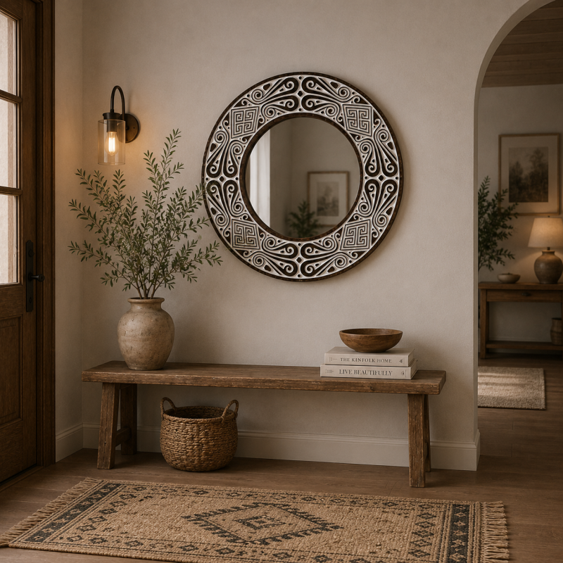 Round Hand-Carved Tribal Mirror