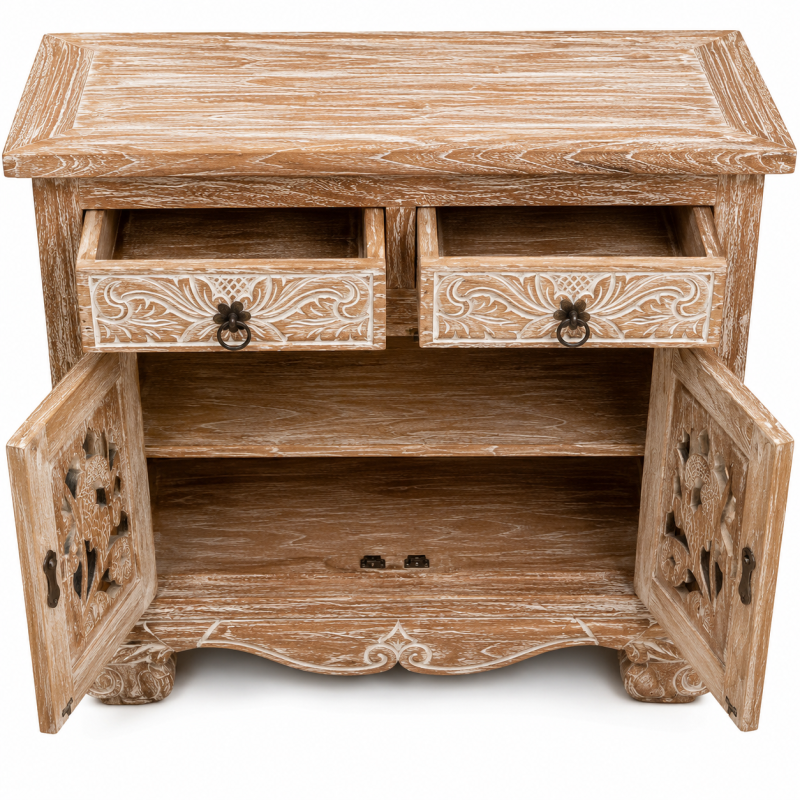 Hand-Carved Wooden Side Cabinet