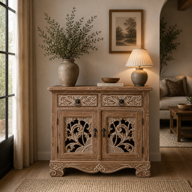 Hand-Carved Wooden Side Cabinet