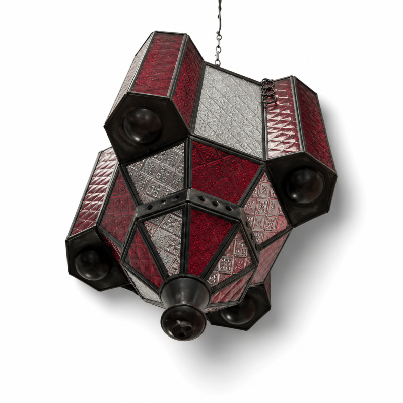 Indonesian Red & Clear Glass Hanging Lantern