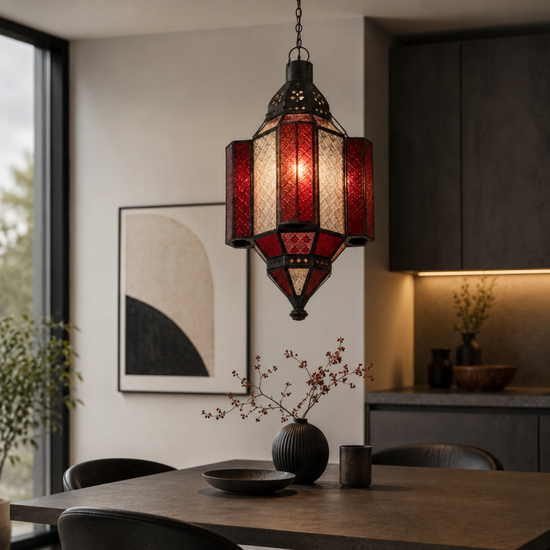 Indonesian Red & Clear Glass Hanging Lantern