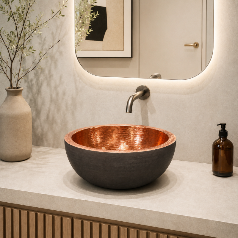 Black & Copper Hammered Vessel Sink