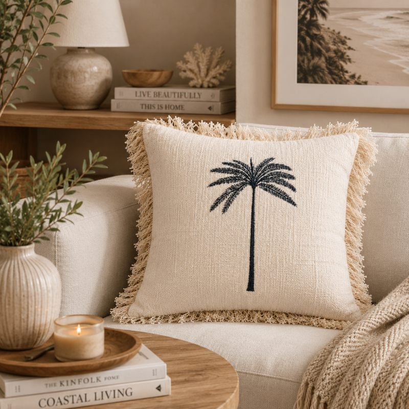 Palm Embroidered Fringe Cushion 
