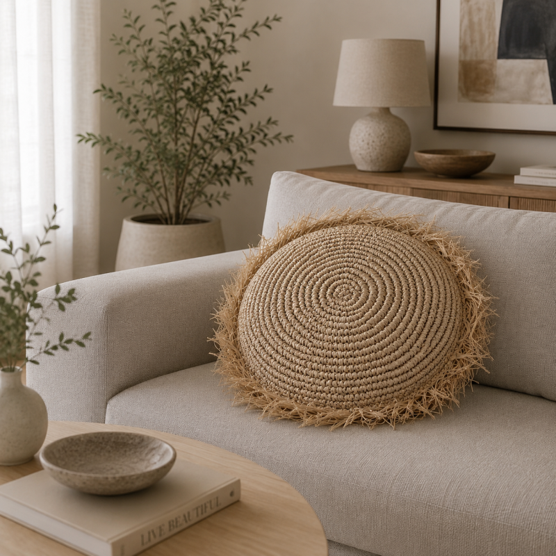 Sunburst Raffia Round Cushion