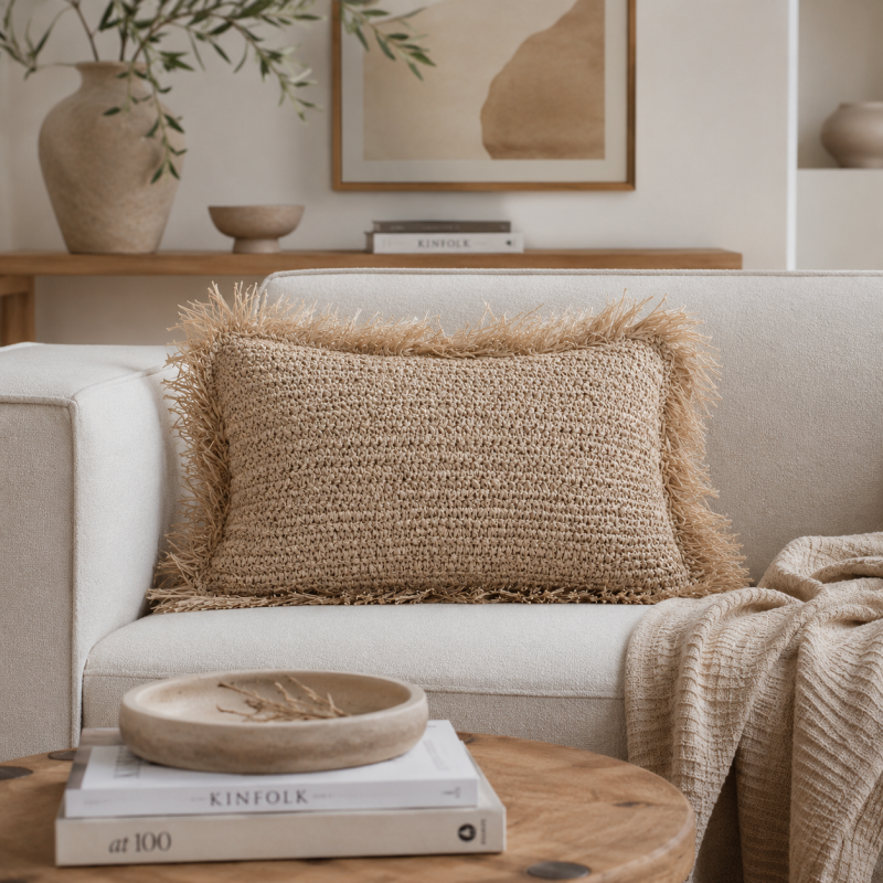 Handwoven Raffia Fringe Lumbar Cushion 