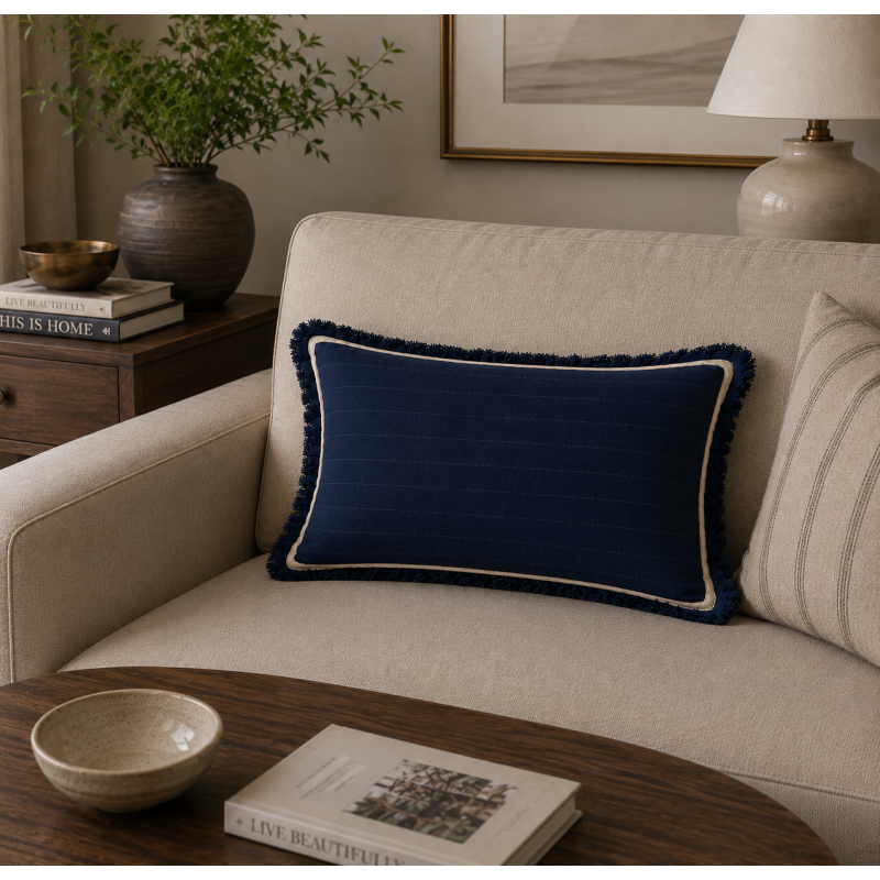 Coastal Navy Fringe Cushion Cover