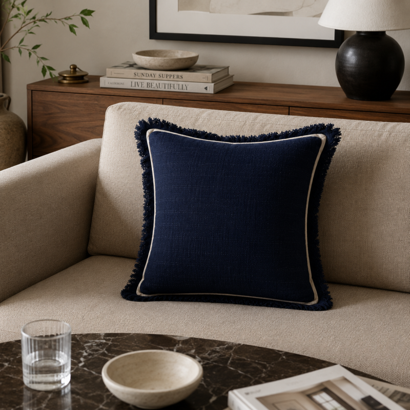 Coastal Navy Fringe Cushion Cover
