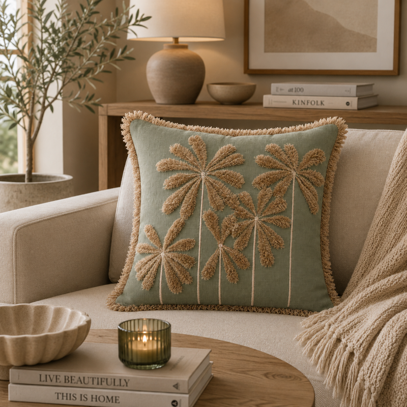Tropical Palm Embroidered Cushion 