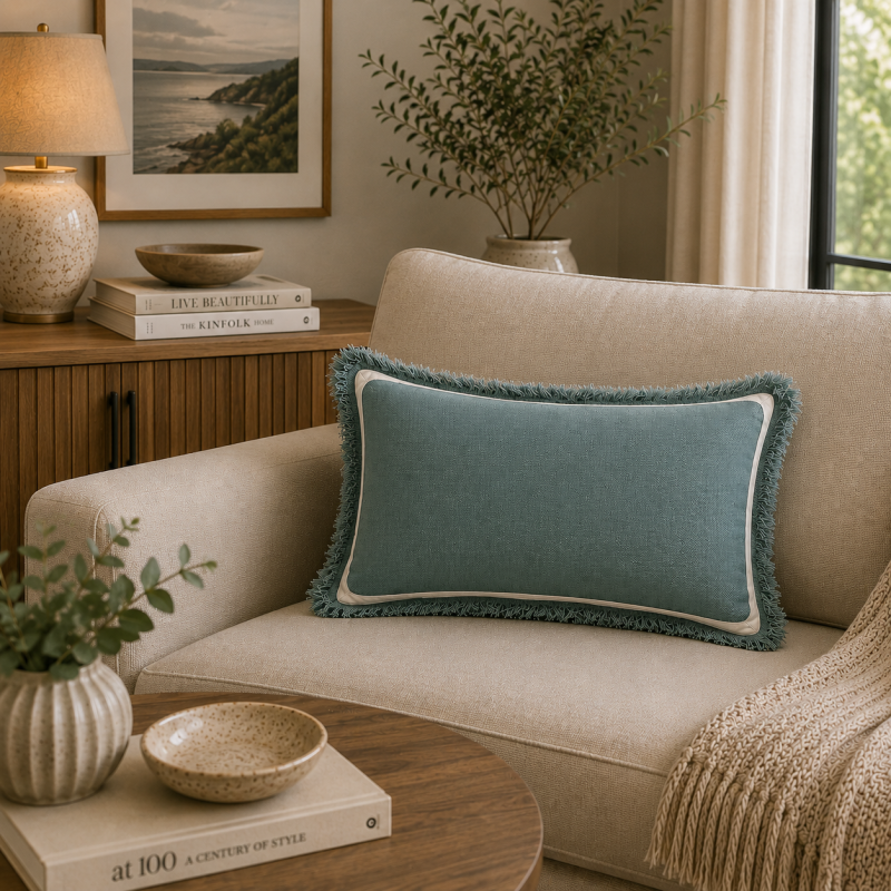 Seafoam Fringe Lumbar Cushion