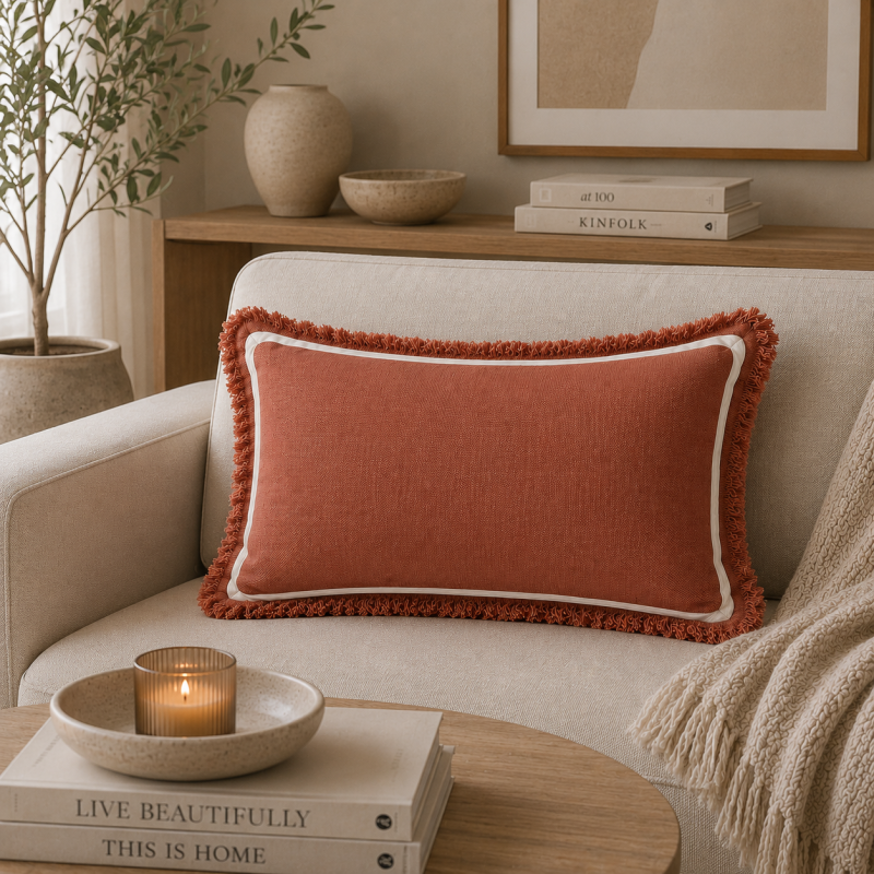 Terracotta Fringe Lumbar Cushion 