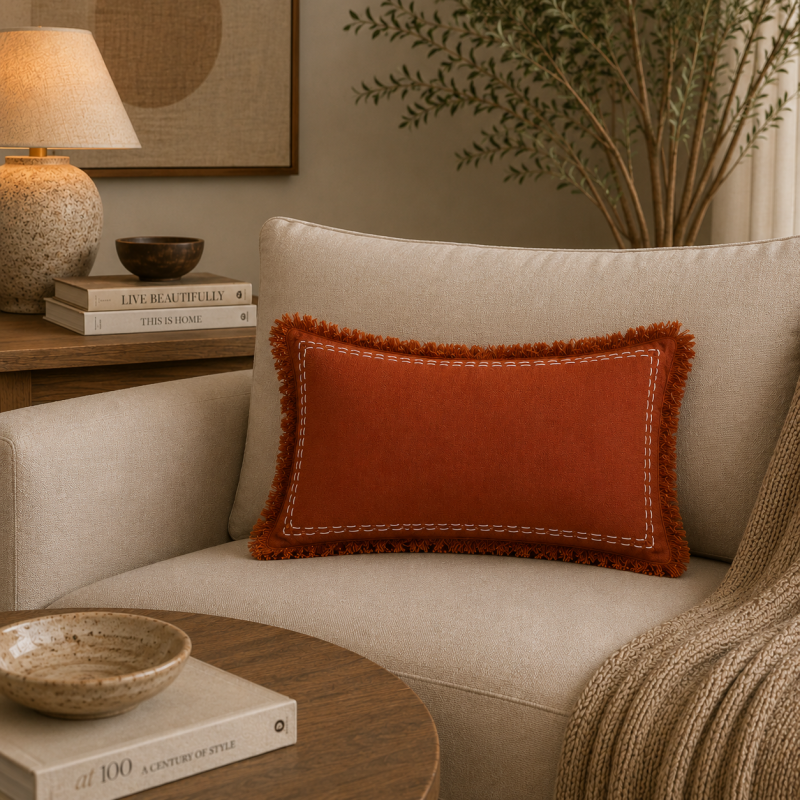 Burnt Orange Fringe Cushion 