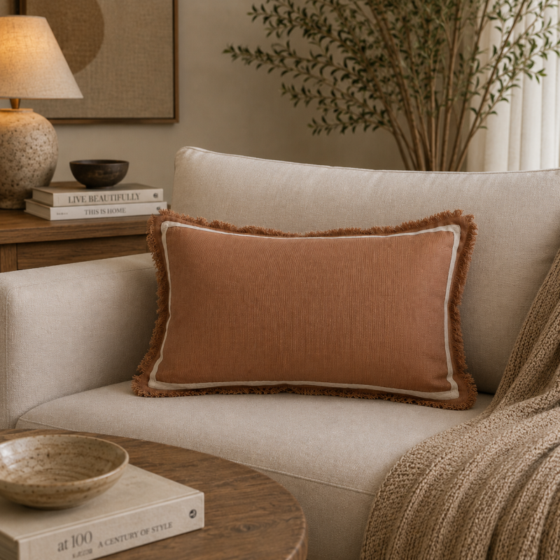 Terracotta Fringe Lumbar Cushion