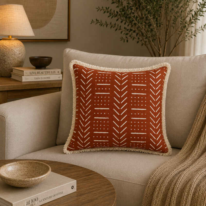 Terracotta Tribal Fringe Cushion 