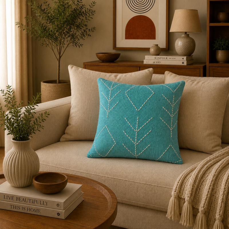 Handwoven Turquoise Embroidered Cushion Cover