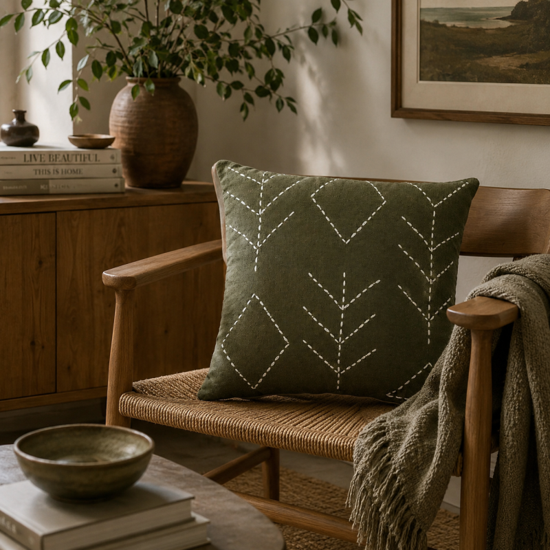 Olive Green Embroidered Cushion Cover