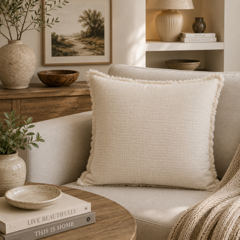 Ivory Textured Fringe Cushion 