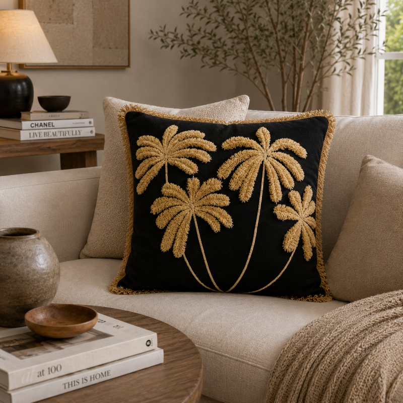 Tropical Palm Embroidered Cushion Cover