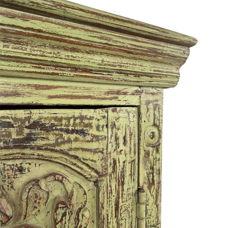Hand-Carved Vintage Green Wooden Cabinet