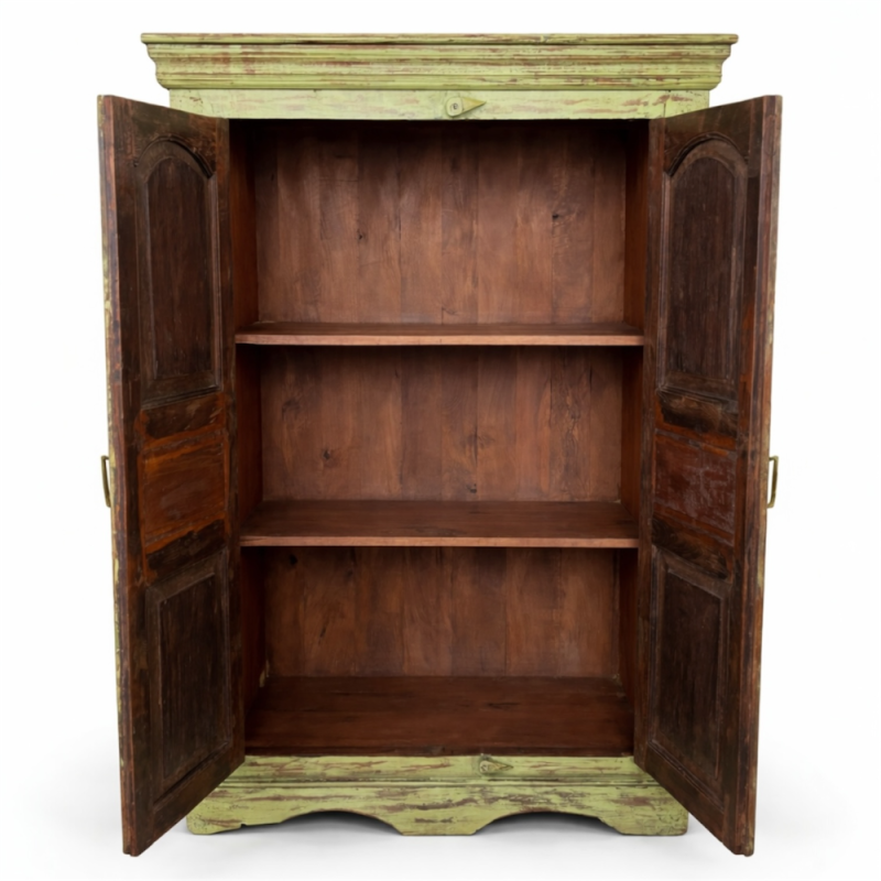 Hand-Carved Vintage Green Wooden Cabinet
