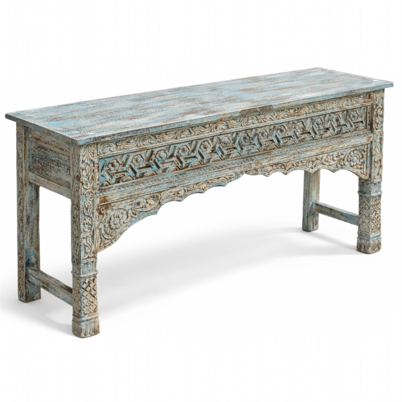 Hand-Carved Vintage Turquoise Console Table