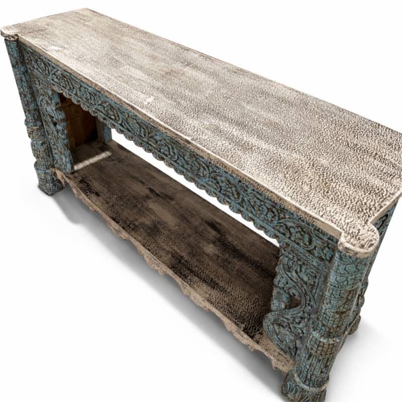 Hand-Carved Turquoise Console Table with Shelf