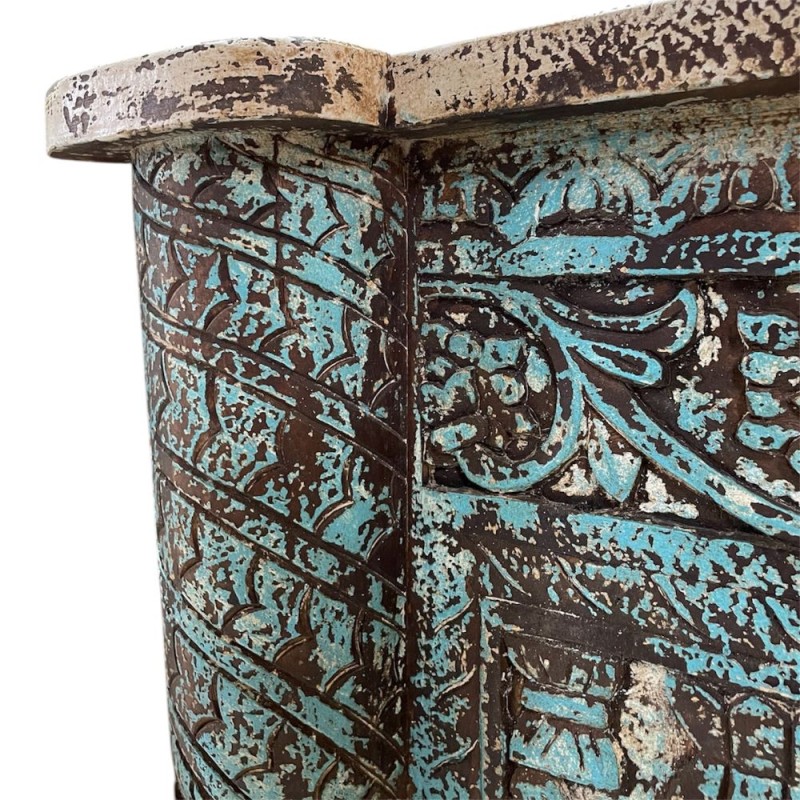Hand-Carved Turquoise Console Table with Shelf