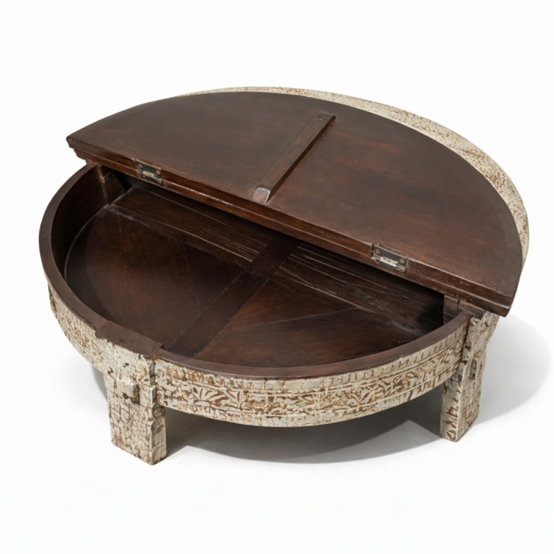 Hand-Carved Round Storage Coffee Table