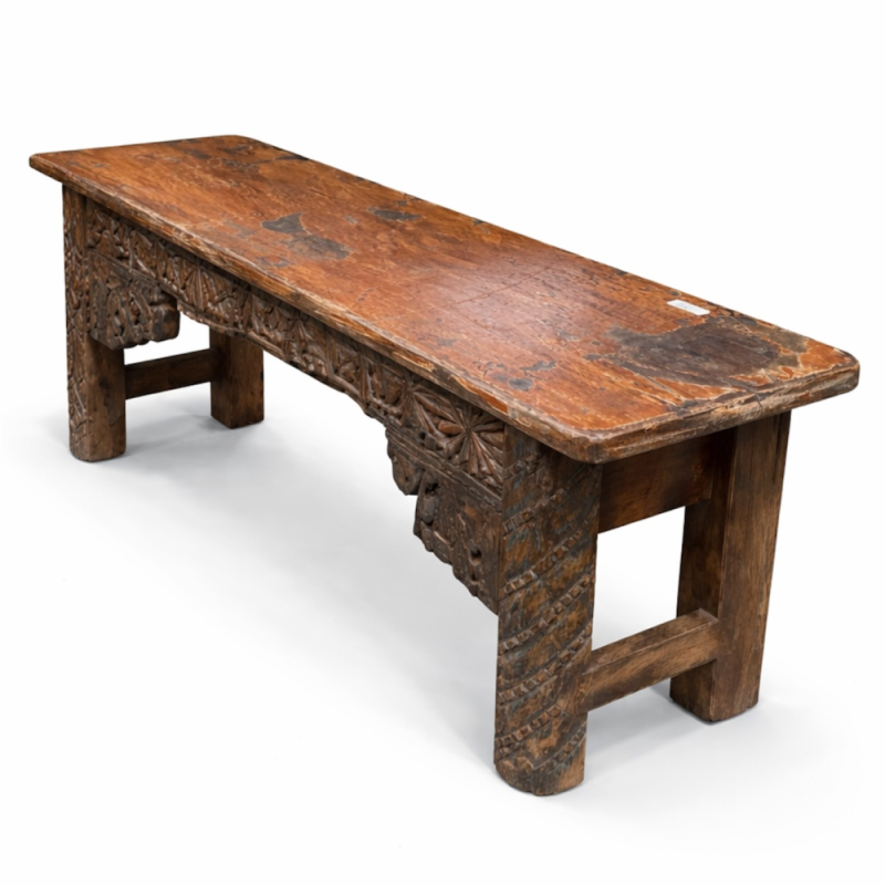 Hand-Carved Vintage Wooden Bench